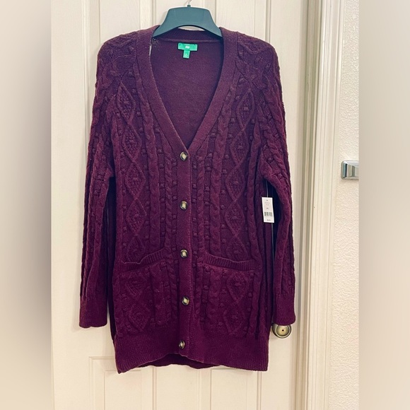 dip Sweaters - Button down burgundy cardigan long length NWT